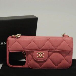 CHANEL Matelasse Chain iPhone Case Lamb Skin Pink CC Auth PP819